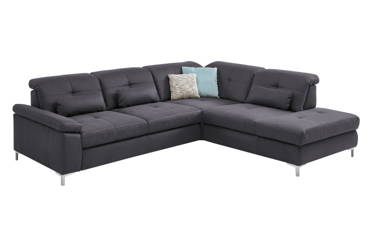 Komfort-Ecksofa plano|FORM Marbella, in der Farbausführung Grau, Schrägansicht mit Kissen