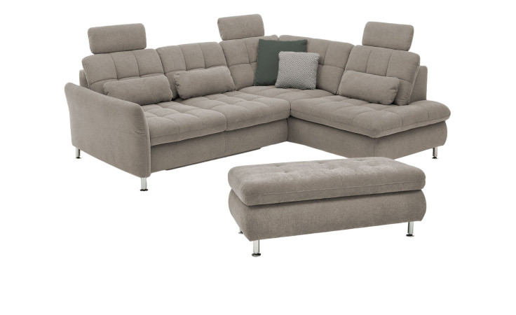 Komfort-Wohnlandschaft plano|FORM Imola, in der Farbausführung Platin, mit Hocker