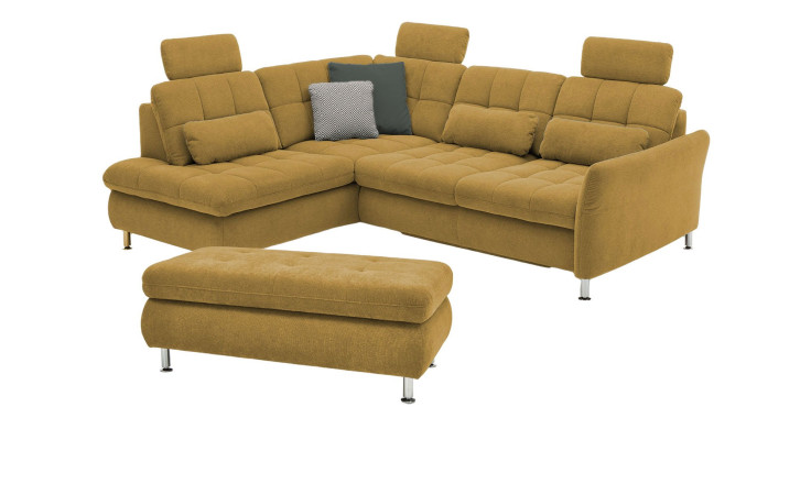 Komfort-Wohnlandschaft plano|FORM Imola, in der Farbausführung Curry, mit Hocker