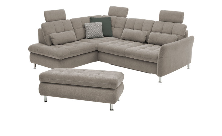 Komfort-Wohnlandschaft plano|FORM Imola, in der Farbausführung Platin, mit Hocker