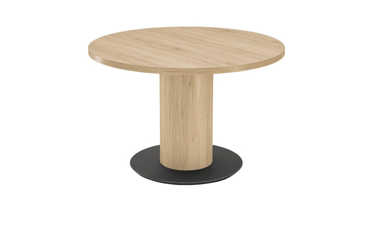 Der ausziehbare Esstisch „Mailand“ verfügt über eine runde Holzplatte, ein zentrales MDF-Untergestell und eine schwarze, runde Plattform.