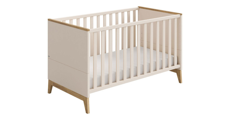 Babybett Stiene in Cashmere-Beige aus Holzwerkstoff und einer Absetzung in Eiche