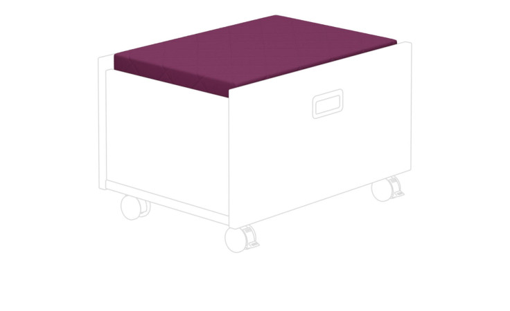 Ein Paidi Sitzpolster mit Reißverschluss auf einer weißen Aufbewahrungsbox mit Rollen und einem ausgeschnittenen Griff.