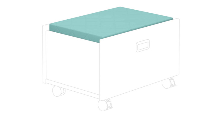 Ein Paidi Sitzpolster mit abnehmbarem Bezug in Türkis ruht auf einem weißen rollenden Vorratsbehälter in Umrissform.