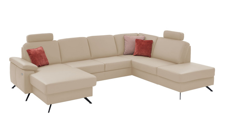 Komfort-Wohnlandschaft plano|FORM Wien, in der Farbausführung Beige, mit Kissen und Kopfstütze