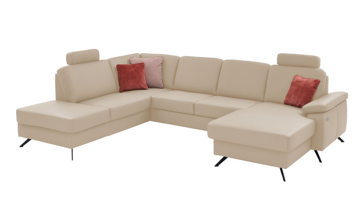Komfort-Wohnlandschaft plano|FORM Wien, in der Farbausführung Beige, mit Kissen und Kopfstütze