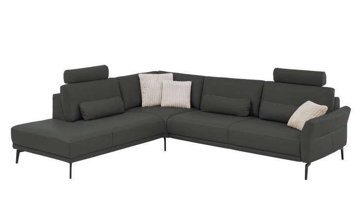 Komfort-Ecksofa plano|FORM Formello, in der Farbausführung Anthrazit, mit Kissen und Kopfstützen