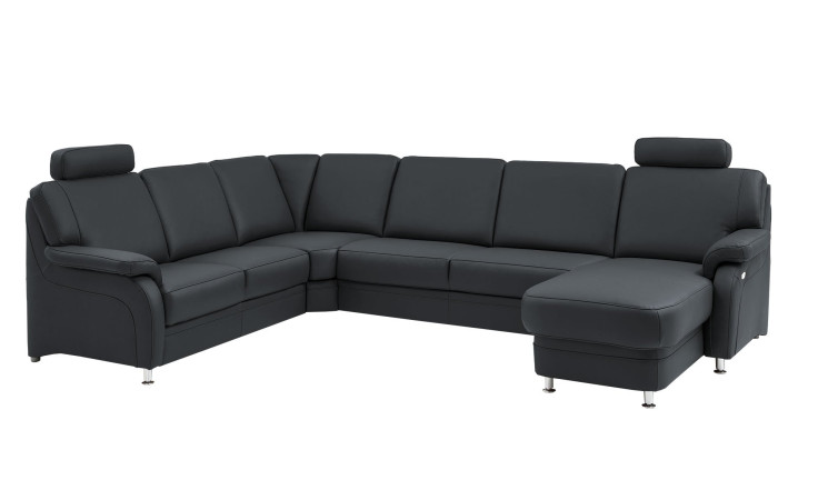 Komfort-Wohnlandschaft plano|FORM Tyler, in der Farbausführung Anthrazit, Schrägansicht mit Kopfstütze