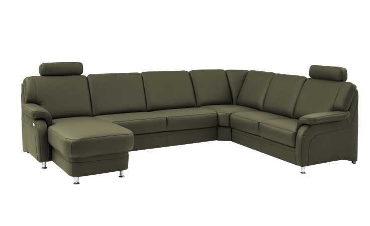 Komfort-Wohnlandschaft plano|FORM Tyler, in der Farbausführung Olive, Schrägansicht mit Kopfstütze