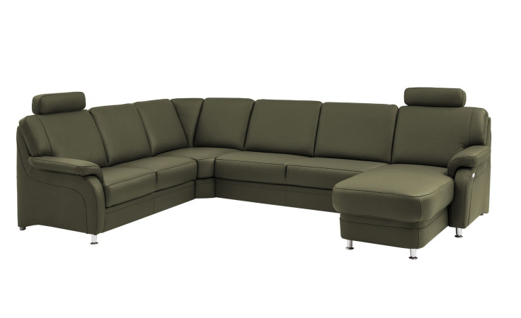 Komfort-Wohnlandschaft plano|FORM Tyler, in der Farbausführung Olive, Schrägansicht mit Kopfstütze