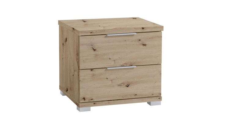 Nachttisch Svenja in der Farbe Artisan Eiche Dekor. 2 Schubkästen mit Kunststoffgriffen. Schräg von rechts abgebildet.