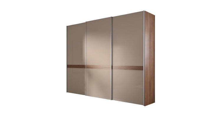 Basis-Schwebetürenschrank mit drei elfenbeinfarbenen Türen, Korpus und Absetzung in Trentino Eiche Nachbildung