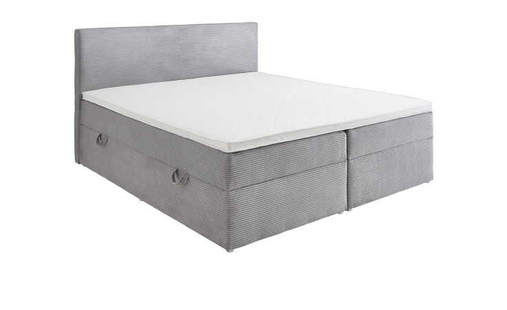 Boxbett Action: Graues Polsterbett mit Stauraum an der Seite, weiße Matratze, Angaben zu Breite, Tiefe und Höhe enthalten.