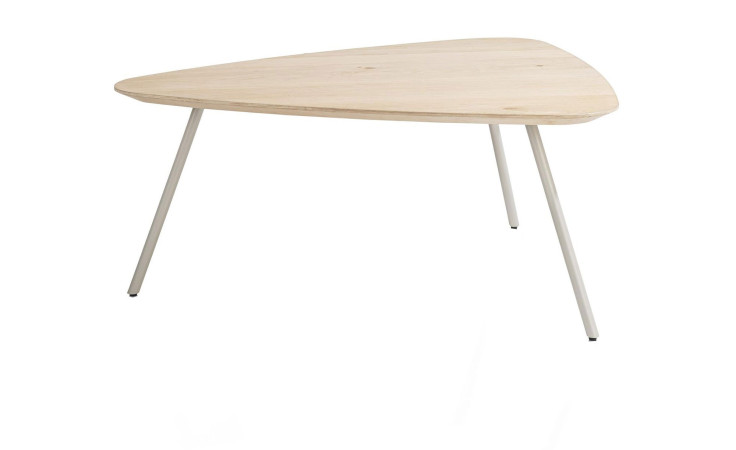 Couchtisch Niora mit Tischplatte in der Farbe Natur und drei Tischbeinen in Seidengrau