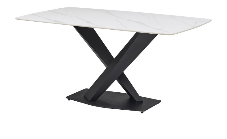 Esstisch Venedig mit einer weiß marmoriertzen Keramiktischplatte und einem schwarzem Metallgestell