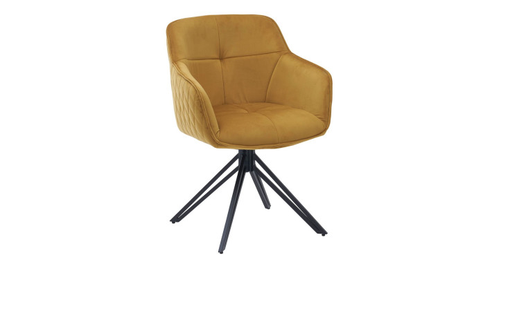 Armlehnenstuhl Elena mit einem goldenen Samtstoffbezug und einem schwarzem Fuß