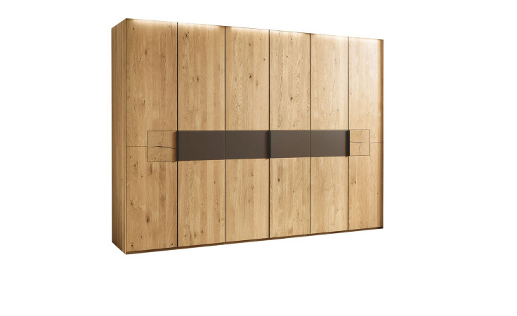 Basis-Drehtürenschrank Bilbao in Wildeiche mit einer Mattglas Absetzung in Cubanit.