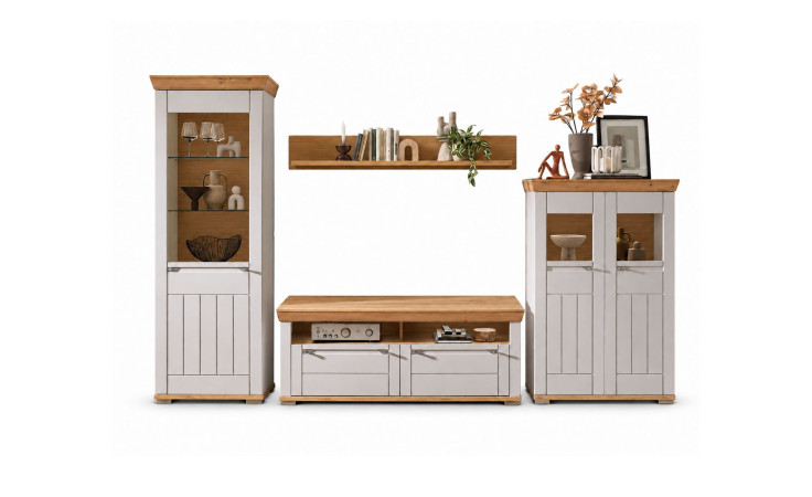 Basis-Wohnwand Cornwall: Modernes Wohnwand-Set in Weiß und Holz, mit Regalen und Schränken. Maße: Höhe, Breite, Tiefe erhältlich.