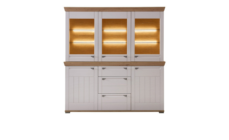 Komfort-Buffet Cornwall: Schrank aus hellem Holz, Glastüren, Lamellendekor, Beleuchtung und Schubladen.