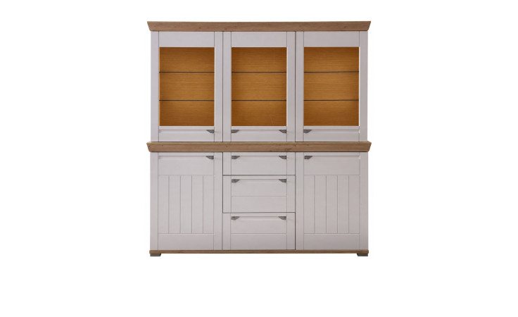 Basis-Buffet Cornwall: Hochschrank Kaschmir in Mattweiß mit Akzenten aus Artisan Eiche, Glastüren, Einlegeböden und geschlossenen Stauräumen.