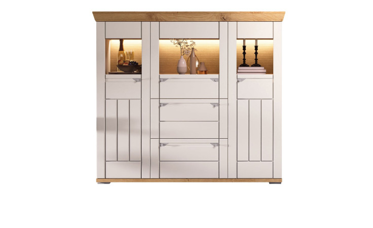 Komfort-Highboard Cornwall: 4 Schubladen, Holzakzente, Beleuchtung; 120 × 90 × 40 cm (B/H/T).