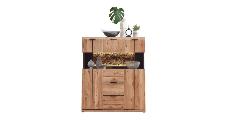 Highboard Dublin in Wildeiche Bianco aus Massivholz mit einer Absetzung aus Echtkork.