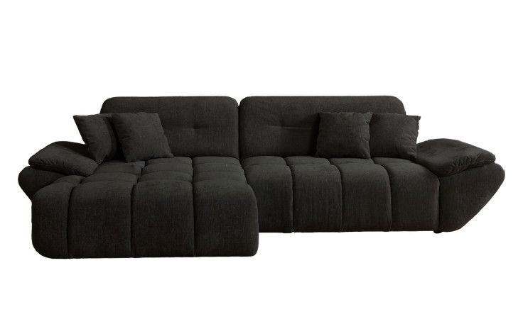 Wohnlandschaft Poppy in Schwarz mit Ottomane links, pflegeleichter Microfaserbezug und moderner Steppung freigestellt vor weißem Hintergrund.