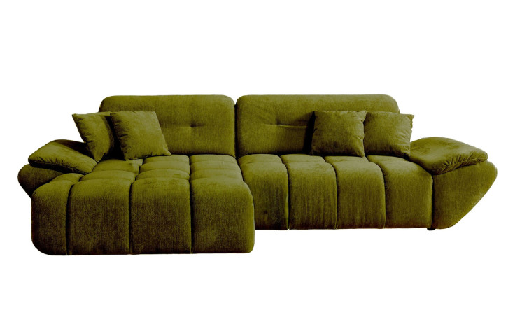 Wohnlandschaft Poppy in Grün mit Ottomane links, pflegeleichter Microfaserbezug und moderner Steppung freigestellt vor weißem Hintergrund.