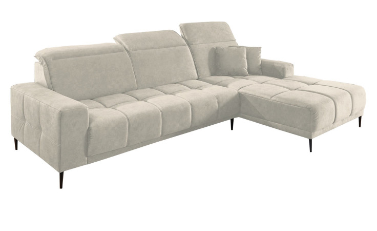 Komfort-Wohnlandschaft Luan in einem cremefarbenen Bezugsstoff mit zwei Zierkissen.