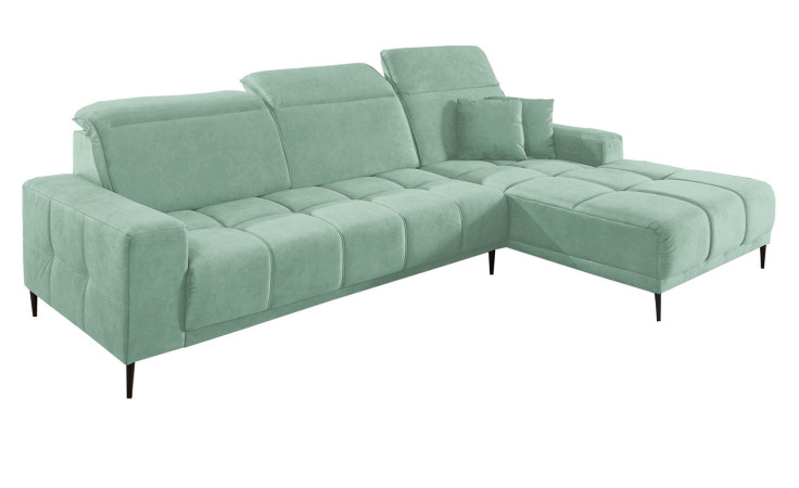 Komfort-Wohnlandschaft Luan in einem mintfarbenen Bezugsstoff mit zwei Zierkissen.