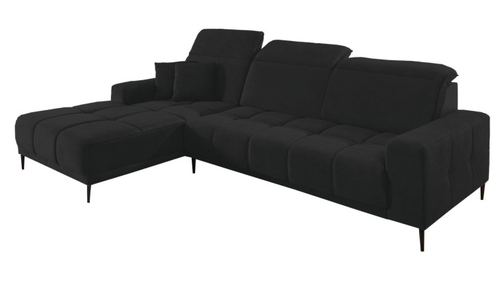 Wohnlandschaft Luan in Schwarz mit Ottomane links, Wohnlandschaft mit Kopfteilverstellung und gesteppten Polstern freigestellt auf weißem Grund.
