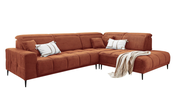 Wohnlandschaft Luan in Orange mit Cord-Optik, Anbauecke rechts und feiner Steppung freigestellt auf weißem Grund.