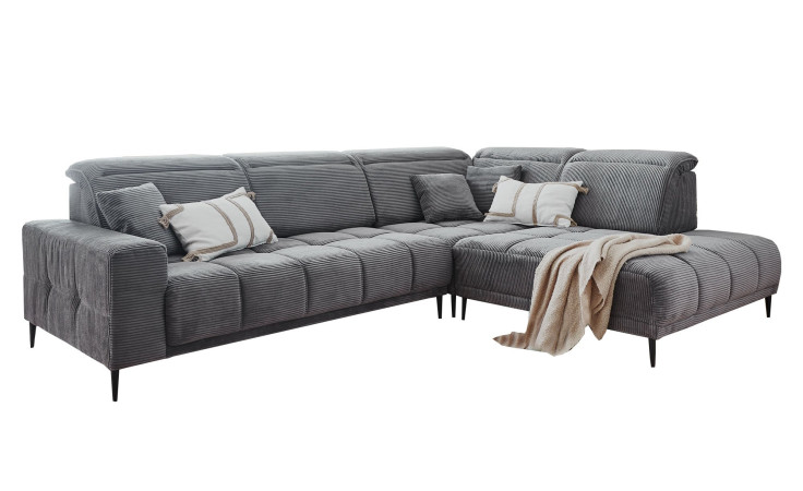 Wohnlandschaft Luan in Grau in Cord-Optik, Anbauecke rechts und feiner Steppung freigestellt auf weißem Grund.