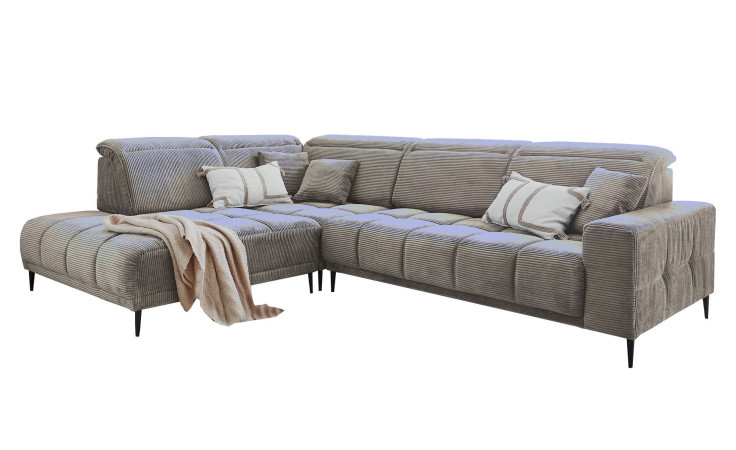 Wohnlandschaft Luan in Dunkelbraun mit Cord-Optik, Anbauecke links und feiner Steppung freigestellt auf weißem Grund.