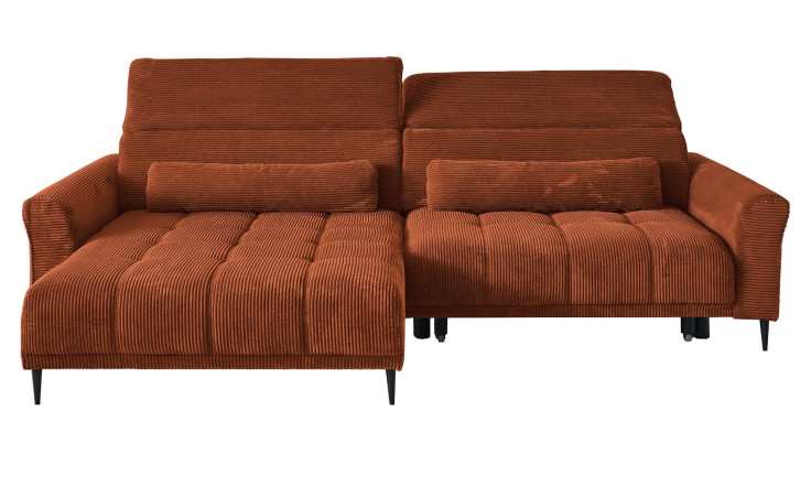 Komfort-Wohnlandschaft Lilly in einem orangefarbenen Cordstoff mit zwei Zierkissen.