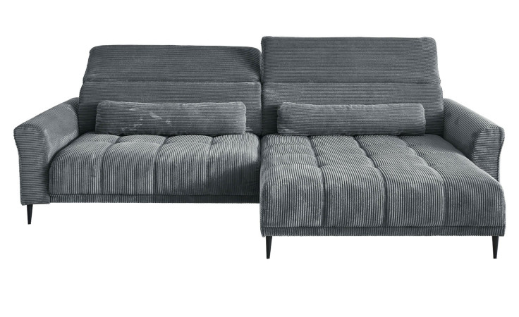 Wohnlandschaft Lilly in Grau mit Cord-Optik, Ottomane rechts, Kopfteilverstellung und gestepptem Bezug freigestellt auf weißem Grund.