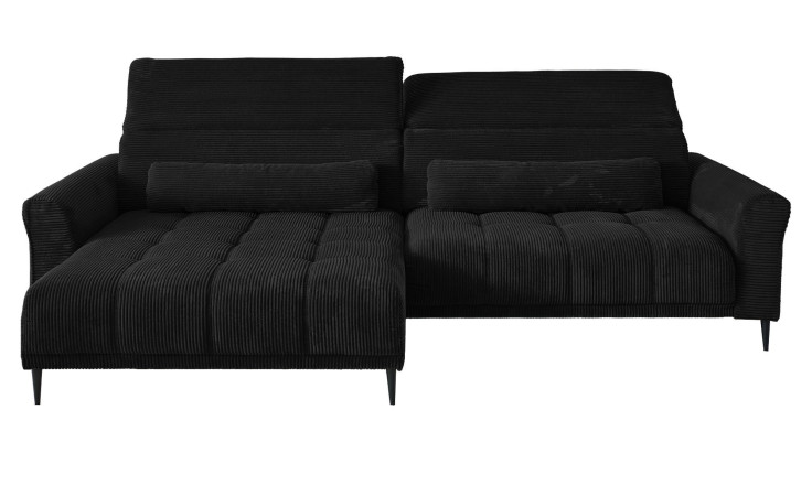 Wohnlandschaft Lilly in Anthrazit mit in Cord-Optik, Ottomane links, Kopfteilverstellung und gestepptem Bezug freigestellt auf weißem Grund.