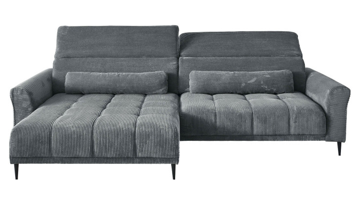 Wohnlandschaft Lilly in Grau mit in Cord-Optik, Ottomane links, Kopfteilverstellung und gestepptem Bezug freigestellt auf weißem Grund.