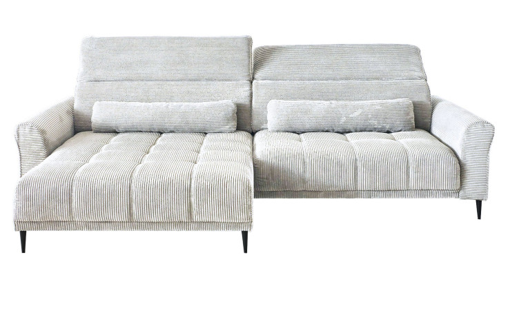 Wohnlandschaft Lilly in Weiß mit in Cord-Optik, Ottomane links, Kopfteilverstellung und gestepptem Bezug freigestellt auf weißem Grund.