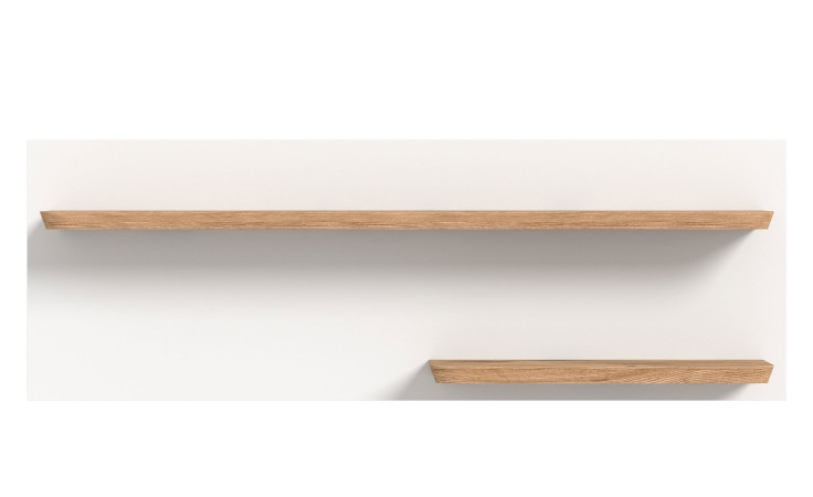 Wandboard Manhatten mit einer weißen Rückwand und Ablageböden in Nox Oak aus Holzwerkstoff. Frontalansicht.