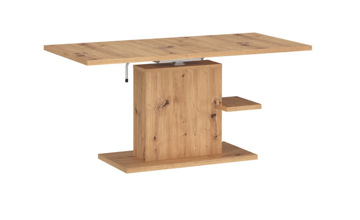 Couchtisch Cervon in Artisan-Eiche-Dekor mit einem Säulenfuß und einer weiteren Ablagemöglichkeit unterhalb der Tischplatte schräg aufgestellt.