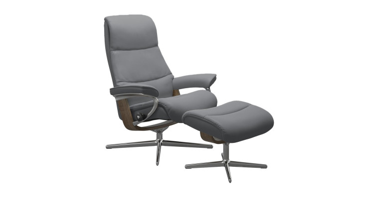 Relaxsessel mit Hocker Stressless View (M) Cross, in der Farbausführung Metal Grey, Schrägansicht