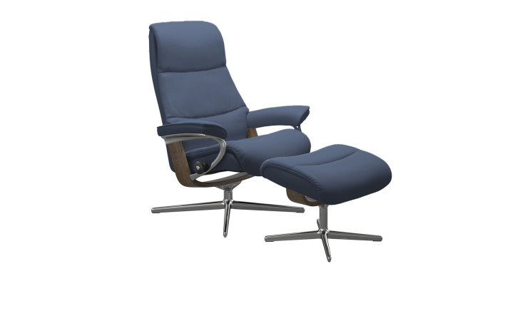 Relaxsessel mit Hocker Stressless View (M) Cross, in der Farbausführung Oxford Blue, Schrägansicht