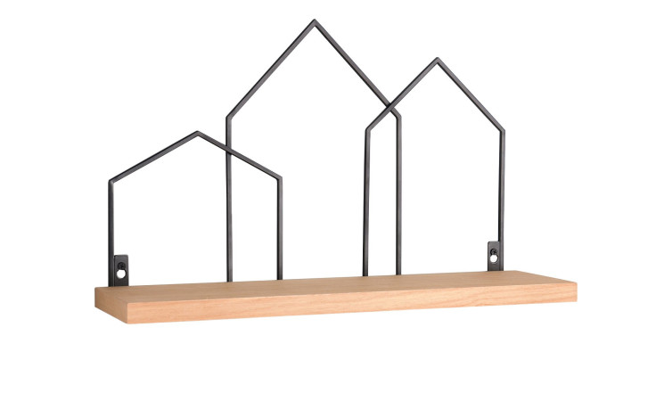 Wandregal Jelena in Schwarz Metall und einem Ablageboden aus Holz. Schräge Seitenansicht