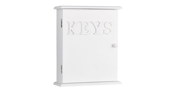 Schlüsselbox Sandy: weiße Wandbox mit stilvollem Design, geprägten KEYS und einem kleinen runden Türknauf.