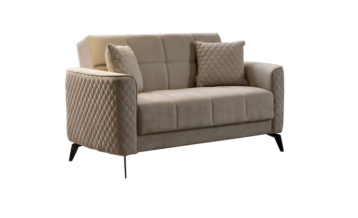 2-Sitzer-Sofa Lexi: Beige, gesteppt, inkl. Kissen, schwarze Beine; Maße (H/B/T) auf Anfrage.