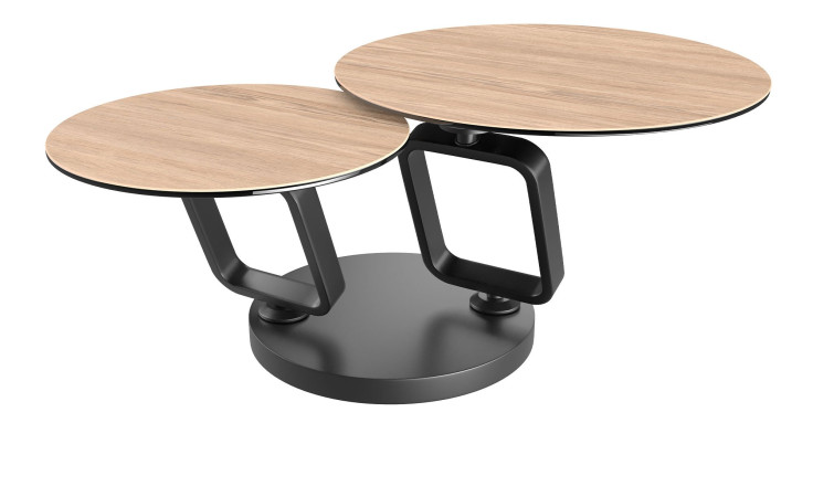 Couchtisch MONDO Varium mit zwei Glas-Keramik Tischplatten in Eiche hell mit einem scwarzem Gestell.