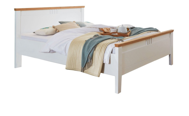 Doppelbett MONDO Basella in weiß aus Holzwerkstoff mit einer Absetzung in Wildeiche furniert.