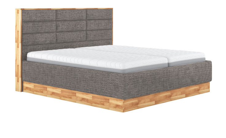 Basis-Polsterbett MONDO NATUR Incana in Anthracite mit einer Absetzung im Bettrahmen in Eiche. Schräge Seitenansicht