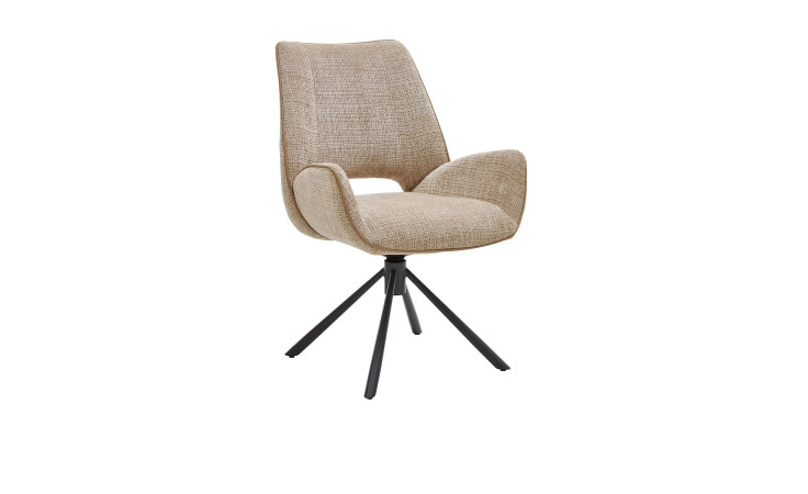 Sessel Valeso von Mondo Design aus strukturiertem, beigem Chenille mit durchbrochener Rückenlehne und schwarzem, vierbeinigem Drehfuß.